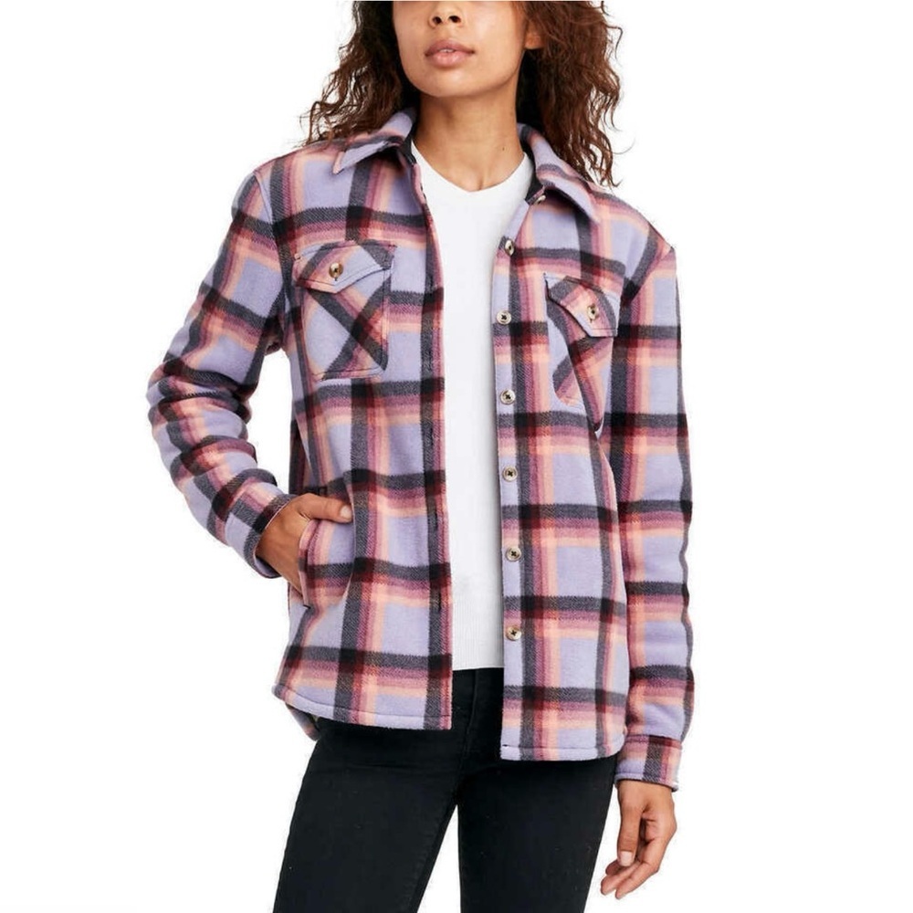 Sage Womens Sherpa Lined Fleece Super Soft Plaid Button Down Shacket Shirt Large